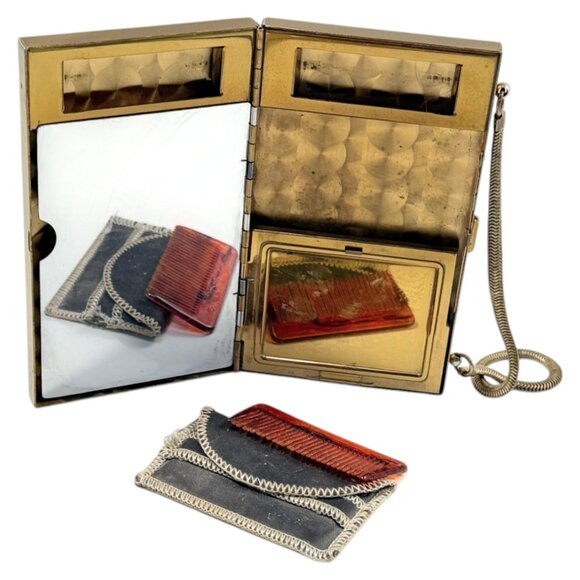 MCM Mother of Pearl Maudiere Compact Gold Tone Metal Rectangle 5.5 inch w Comb - Picture 3 of 16